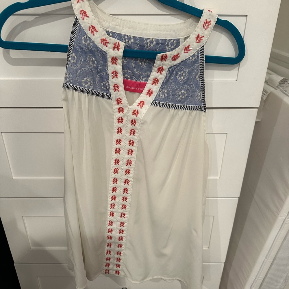 Pookie and Sebastian White and Red Embroidered Sleeveless Top size large NWT
